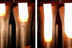 Figure 3: Poor alignment of the right-hand gob, from trough to deflector; friction increases and gob will arrive later. The second picture is taken a few milliseconds later
